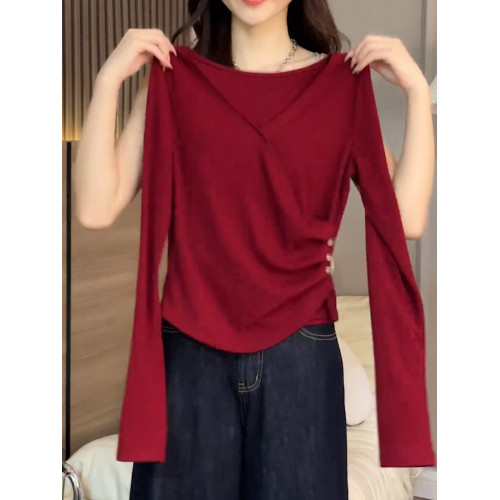 2026秋季新品紅色褶皺長袖T恤女純色韓版洋氣高級氣質爆款上衣潮