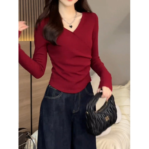 2026秋季新品紅色褶皺長袖T恤女純色韓版洋氣高級氣質爆款上衣潮
