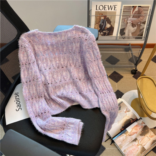 廣州十三行高貨爆款~甜美慵懶風時尚鏤空針織小上衣女春秋百搭潮