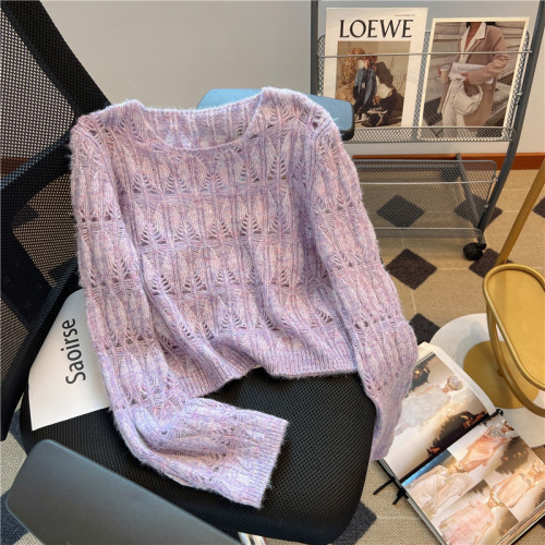 廣州十三行高貨爆款~甜美慵懶風時尚鏤空針織小上衣女春秋百搭潮