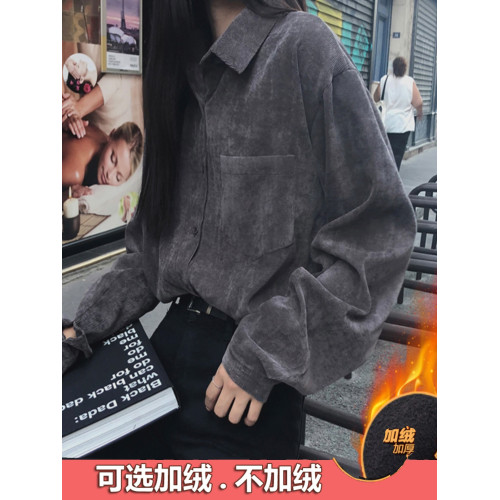 秋冬設計感襯衫女長袖復古港味打底加絨上衣曡穿襯衣燈芯絨外套厚