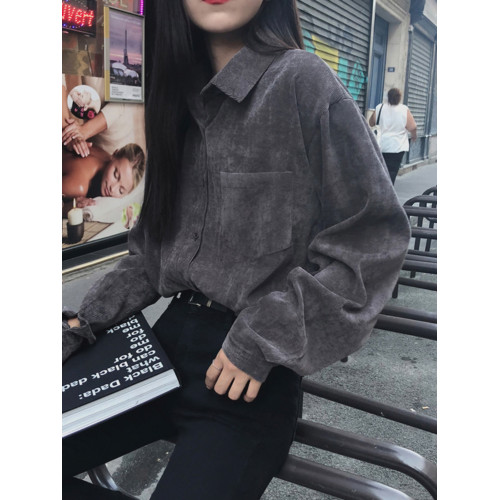 秋冬設計感襯衫女長袖復古港味打底加絨上衣曡穿襯衣燈芯絨外套厚