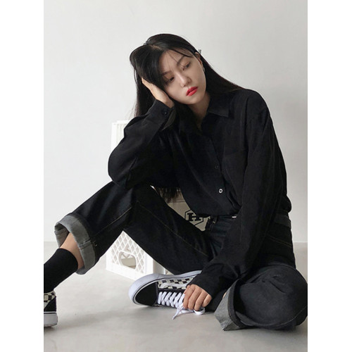 秋冬設計感襯衫女長袖復古港味打底加絨上衣曡穿襯衣燈芯絨外套厚