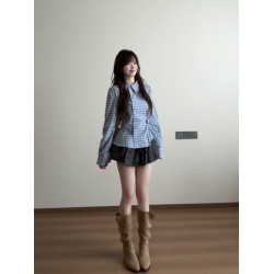 藍色格子收腰襯衫女款2025新款早秋季設計感小衆巨好看的長袖上衣