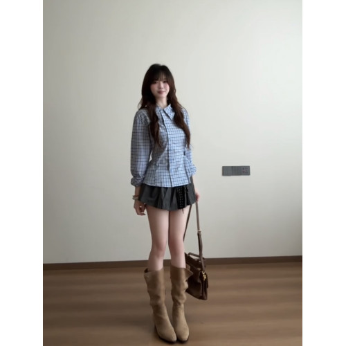 藍色格子收腰襯衫女款2025新款早秋季設計感小衆巨好看的長袖上衣