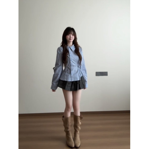 藍色格子收腰襯衫女款2025新款早秋季設計感小衆巨好看的長袖上衣