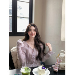 Turn right/陳大腿 2025早春季甜辣妹軟糯坑條紋系帶修身針織開衫