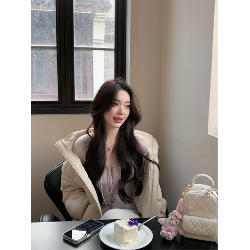 Turn right/陳大腿 2025早春季甜辣妹軟糯坑條紋系帶修身針織開衫