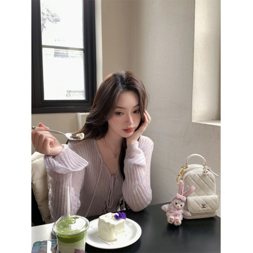 Turn right/陳大腿 2025早春季甜辣妹軟糯坑條紋系帶修身針織開衫