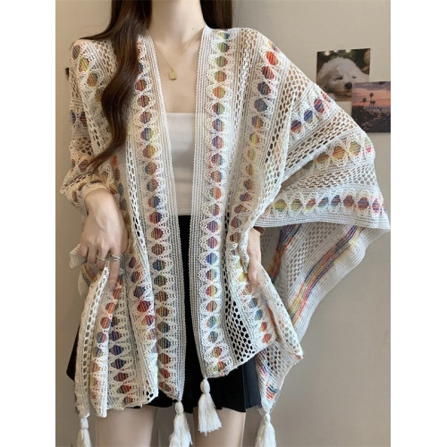 多巴胺薄款鏤空防曬開衫外套女2025夏大碼胖mm民族風外搭披肩上衣