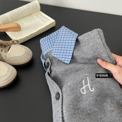 LINAN 格子拼接假兩件針織毛衣女早秋別致刺綉寬鬆學院風長袖開衫