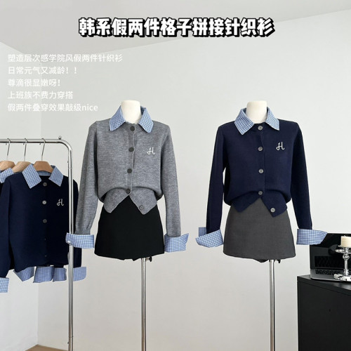 LINAN 格子拼接假兩件針織毛衣女早秋別致刺綉寬鬆學院風長袖開衫