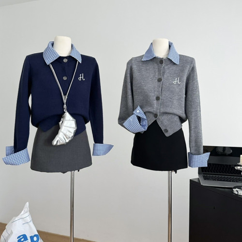 LINAN 格子拼接假兩件針織毛衣女早秋別致刺綉寬鬆學院風長袖開衫