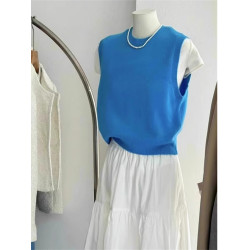 廣州十三行高級歐貨藍色圓領針織背心女秋冬無袖曡穿外搭毛衣馬甲