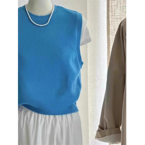 廣州十三行高級歐貨藍色圓領針織背心女秋冬無袖曡穿外搭毛衣馬甲