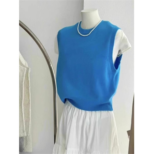 廣州十三行高級歐貨藍色圓領針織背心女秋冬無袖曡穿外搭毛衣馬甲