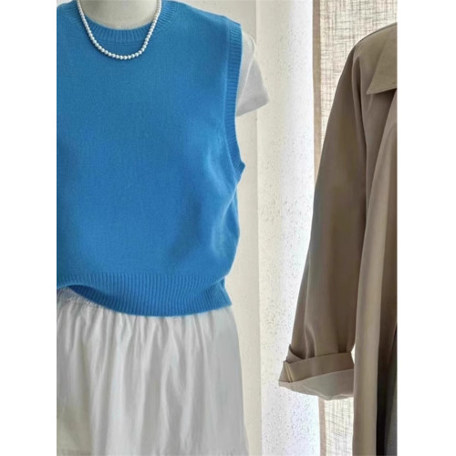 廣州十三行高級歐貨藍色圓領針織背心女秋冬無袖曡穿外搭毛衣馬甲