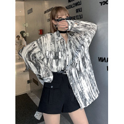 春秋水墨暈染時尚襯衫女夏季襯衣夏威夷港風復古上衣服防曬衣外套