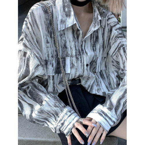 春秋水墨暈染時尚襯衫女夏季襯衣夏威夷港風復古上衣服防曬衣外套