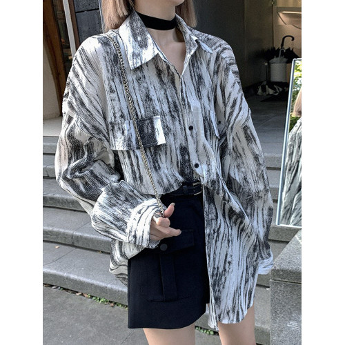 春秋水墨暈染時尚襯衫女夏季襯衣夏威夷港風復古上衣服防曬衣外套