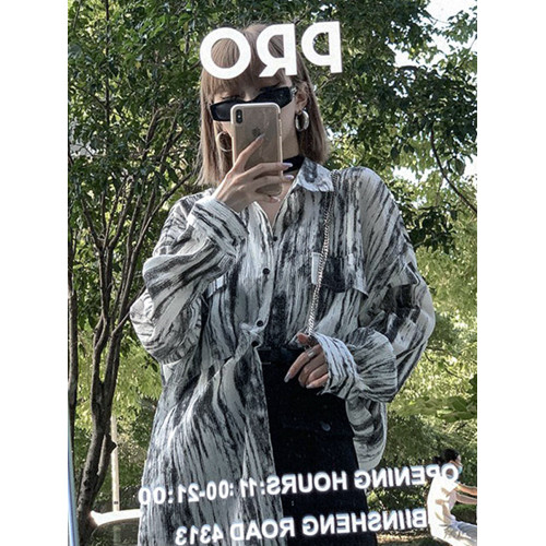 春秋水墨暈染時尚襯衫女夏季襯衣夏威夷港風復古上衣服防曬衣外套