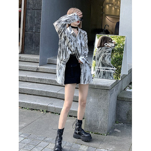 春秋水墨暈染時尚襯衫女夏季襯衣夏威夷港風復古上衣服防曬衣外套