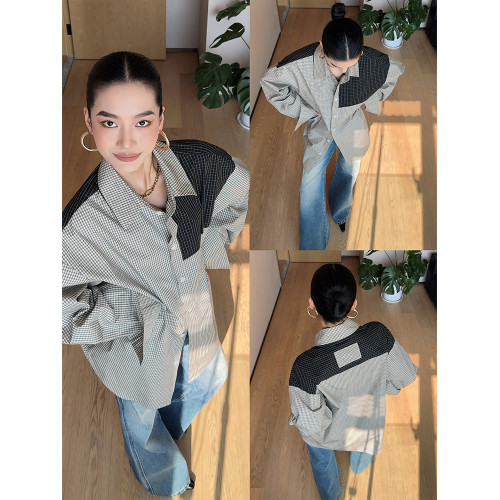 CIZZLEMORE 時尚拼接格紋襯衣舒適透氣設計感小衆純棉長袖襯衫女