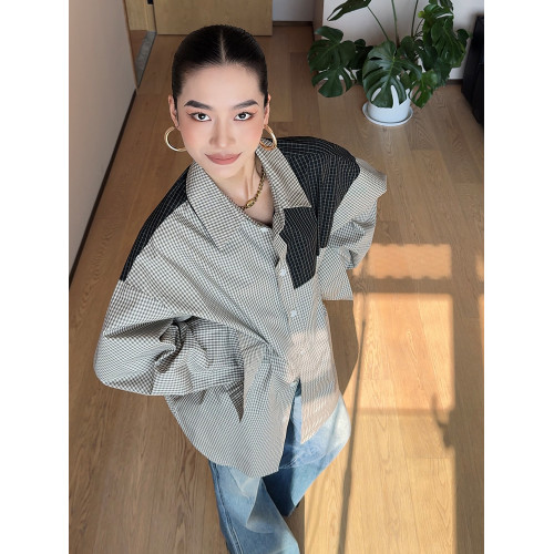 CIZZLEMORE 時尚拼接格紋襯衣舒適透氣設計感小衆純棉長袖襯衫女