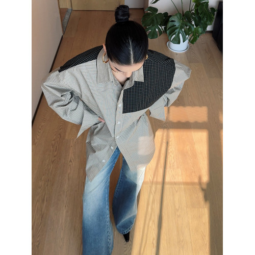 CIZZLEMORE 時尚拼接格紋襯衣舒適透氣設計感小衆純棉長袖襯衫女