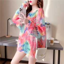 夏季長袖薄款冰絲防曬t恤罩衫女外穿寬鬆性感半透明減齡花色上衣