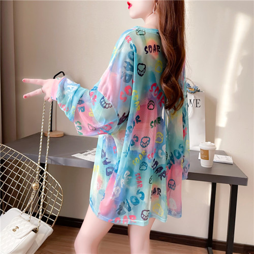 夏季長袖薄款冰絲防曬t恤罩衫女外穿寬鬆性感半透明減齡花色上衣