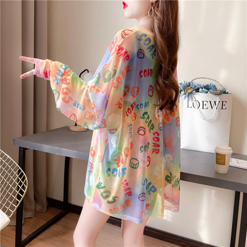 夏季長袖薄款冰絲防曬t恤罩衫女外穿寬鬆性感半透明減齡花色上衣