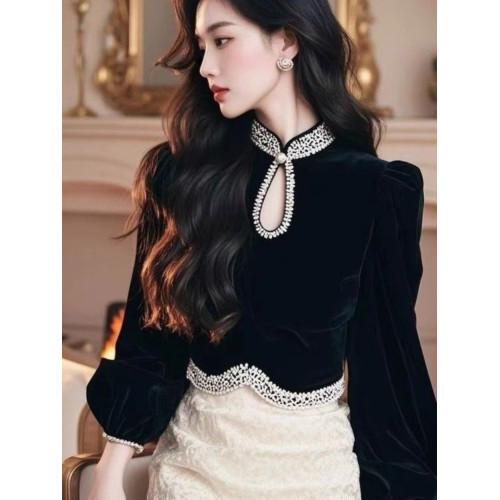 黑色高級感絲絨襯衫女長袖秋冬新款洋氣顯瘦上衣減齡絕美打底小衫