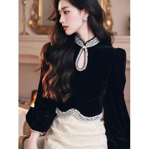 黑色高級感絲絨襯衫女長袖秋冬新款洋氣顯瘦上衣減齡絕美打底小衫