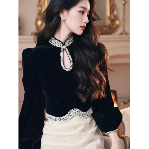 黑色高級感絲絨襯衫女長袖秋冬新款洋氣顯瘦上衣減齡絕美打底小衫