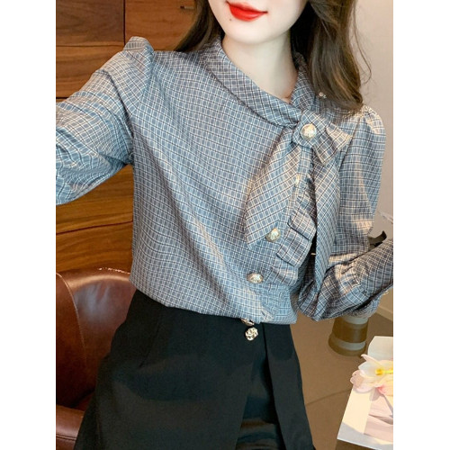 法式高級感雪紡襯衫女輕奢長袖格子上衣2026新款秋季洋氣別致小衫