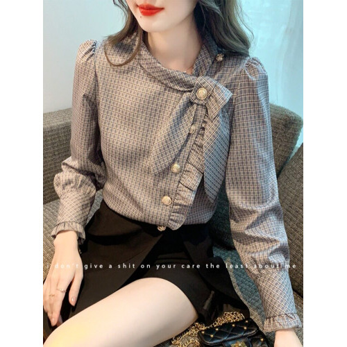 法式高級感雪紡襯衫女輕奢長袖格子上衣2026新款秋季洋氣別致小衫