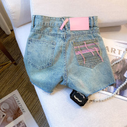專櫃撤廻剪標高腰顯瘦破洞牛仔短褲女夏2025新款時尚刺綉寬鬆熱褲