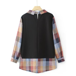 大碼300斤春秋季韓版新款胖mm寬鬆顯瘦假兩件長袖格子襯衫女上衣