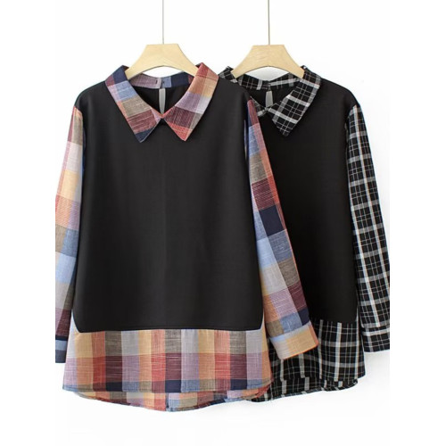 大碼300斤春秋季韓版新款胖mm寬鬆顯瘦假兩件長袖格子襯衫女上衣