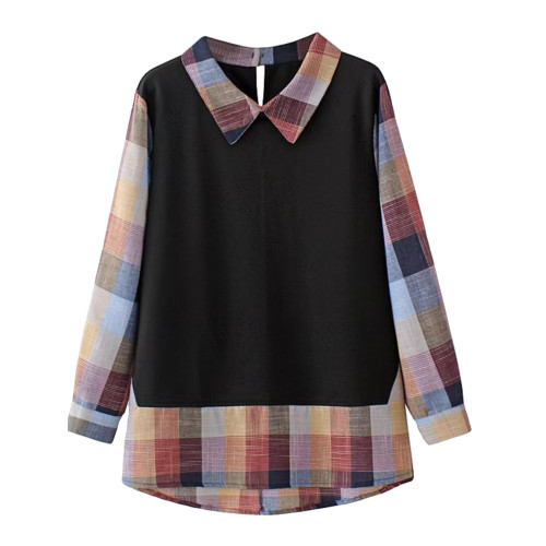 大碼300斤春秋季韓版新款胖mm寬鬆顯瘦假兩件長袖格子襯衫女上衣