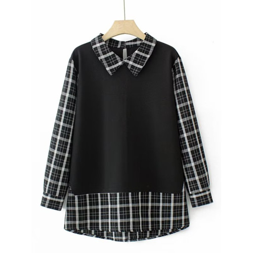 大碼300斤春秋季韓版新款胖mm寬鬆顯瘦假兩件長袖格子襯衫女上衣