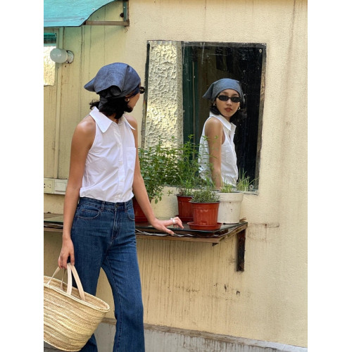 時髦感氣質港風減齡polo領掛脖上衣女小衆新款白色無袖削肩襯衫夏