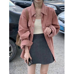 燈芯絨別致早春新款寬鬆長袖粉色襯衫復古韓版小個子繙領外穿上衣