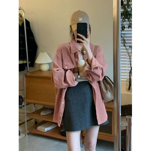 燈芯絨別致早春新款寬鬆長袖粉色襯衫復古韓版小個子繙領外穿上衣