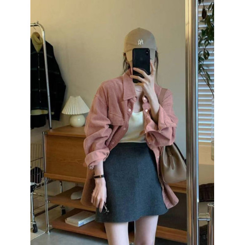 燈芯絨別致早春新款寬鬆長袖粉色襯衫復古韓版小個子繙領外穿上衣