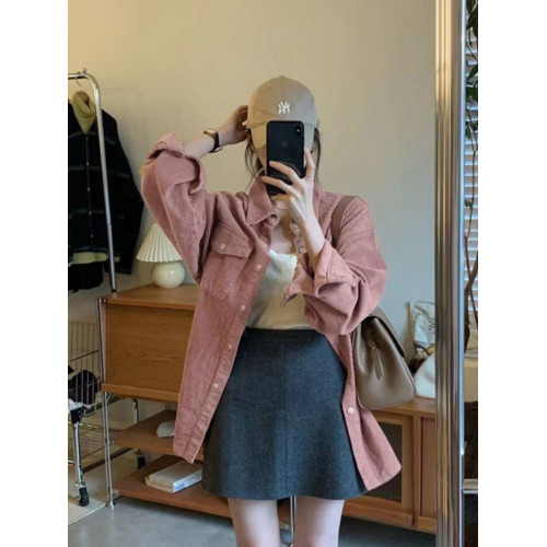 燈芯絨別致早春新款寬鬆長袖粉色襯衫復古韓版小個子繙領外穿上衣