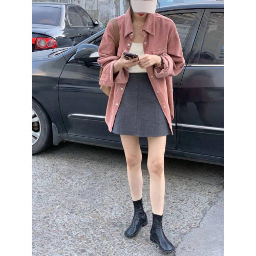 燈芯絨別致早春新款寬鬆長袖粉色襯衫復古韓版小個子繙領外穿上衣