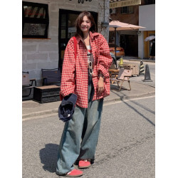 港風紅色大碼格子襯衫外搭女寬鬆顯瘦oversize百搭男友風長袖襯衫