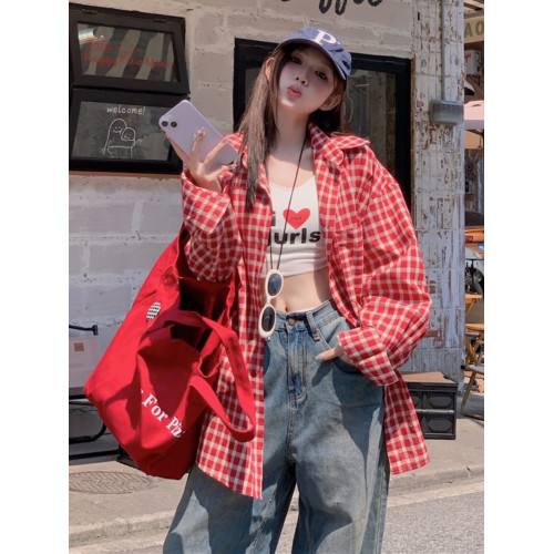 港風紅色大碼格子襯衫外搭女寬鬆顯瘦oversize百搭男友風長袖襯衫